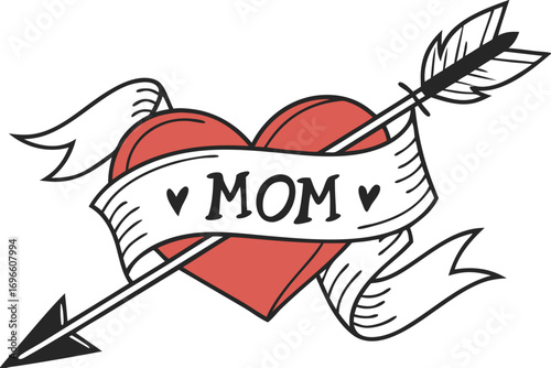A classic tattoo-style illustration featuring a vibrant red heart, pierced by an arrow, with a banner proclaiming 'MOM', symbolizing profound love and appreciation for mothers