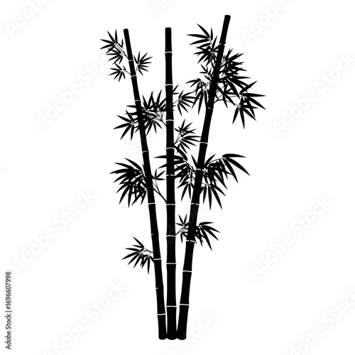 Black bamboo stalks with leaves silhouette isolated on white background
