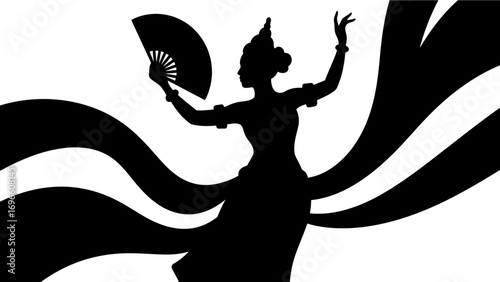 Silhouette of a graceful Balinese dancer holding a fan with long decorative fabric, symbolizing elegance and culture