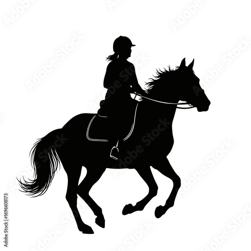 Equestrian rider on horse silhouette isolated on white background