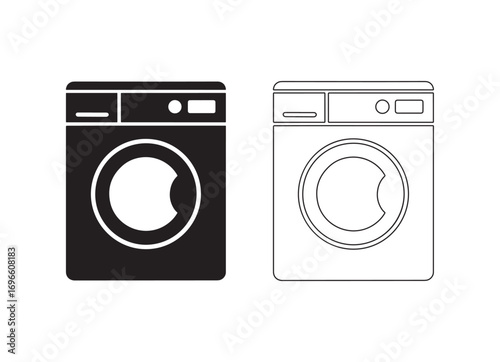 Two washing machines side by side one solid black one detailed line art on white