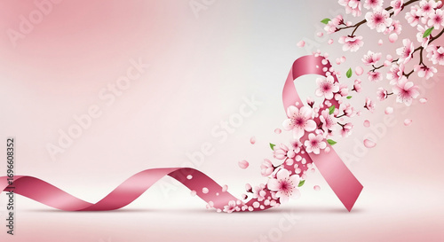 Pink ribbon with pink flowers on pink background, symbolizing breast cancer awareness and support