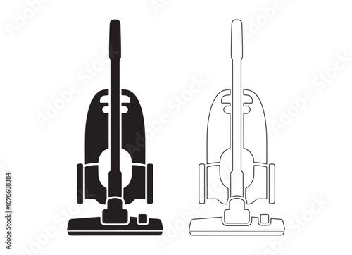 Two style upright vacuum cleaner icons solid black and outline detailed drawing