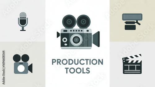 Illustration of production tools including camera microphone light and clapperboard in a grid layout