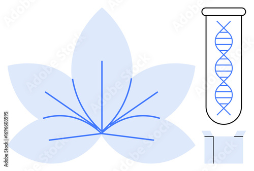 DNA helix inside test tube, abstract leaf form, connected lines. Ideal for genetics, biotechnology, plant science, eco-innovations, bioengineering sustainability green technology. Simple flat