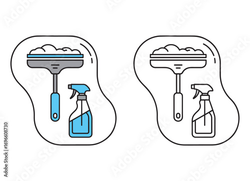 Window cleaning tools set squeegee and spray bottle icons for housekeeping and janitorial services