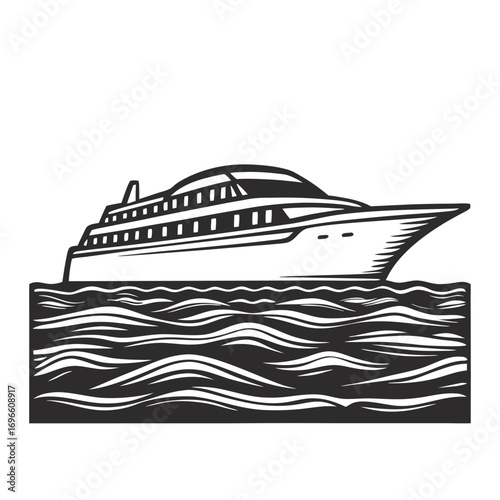 Monochrome cruise ship sailing on calm ocean waves with detailed deck and hull structure, suitable for vintage nautical emblem, marine transport, or luxury travel design themes