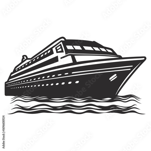Monochrome large cruise ship sailing through ocean waves, suitable for nautical logo, maritime travel branding, luxury cruise promotion, and coastal tourism marketing