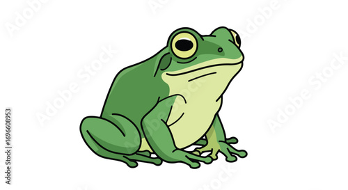 A stylized illustration of a vibrant green frog with bold outlines sitting patiently on a white surface, conveying a sense of nature and quiet
