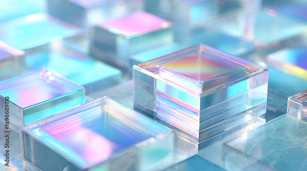 Abstract light blue 3d background wallpaper with glass holographic transparent square plate shapes render. Geometric crystal block pattern. Futuristic digital technology banner. 3D illustration Stock 