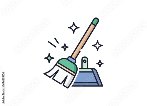 Broom and dustpan icon with sparkles for home cleaning and tidying up service