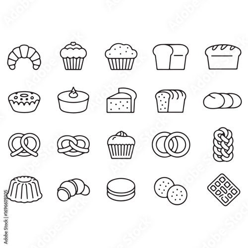 Bakery and Pastry Icons Set with Croissants Muffins Bread and Pretzels Keywords: bakery, pastry, bread, muffin, croissant, pretzel, donut, cake, loaf, roll, macaron, cookie, food, sweet, dessert