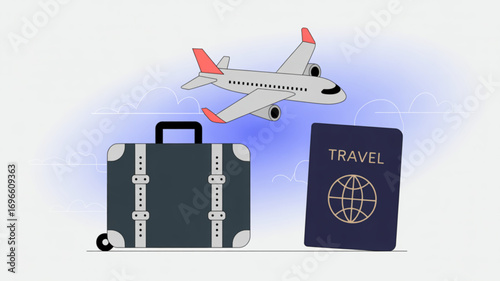 Illustration depicting a suitcase, passport, and airplane against a light blue background design theme