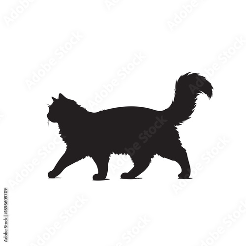 "Silhouette of a Fluffy Long-Tailed Cat Walking Gracefully – Black on White