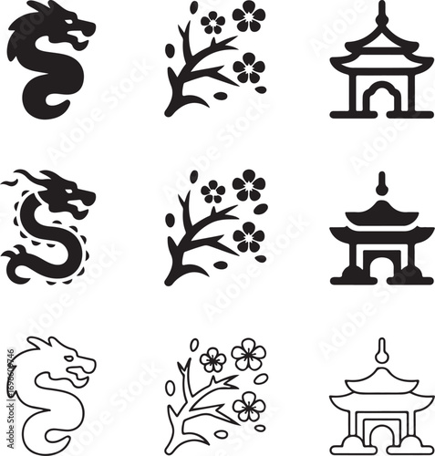 Collection of Asian cultural icons including dragons cherry blossoms and pagodas in solid and outline styles