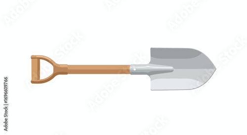 Detailed illustration of a garden shovel with a wooden handle and metallic blade against a bright white background