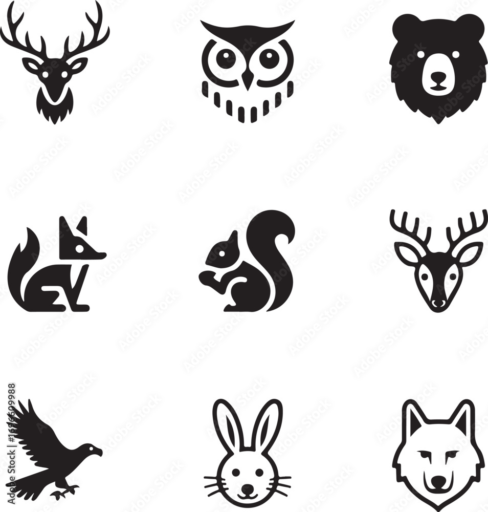 Fototapeta premium Collection of Forest Animal Icons Deer Owl Bear Fox Squirrel Eagle Wolf Rabbit Silhouettes vector illustration