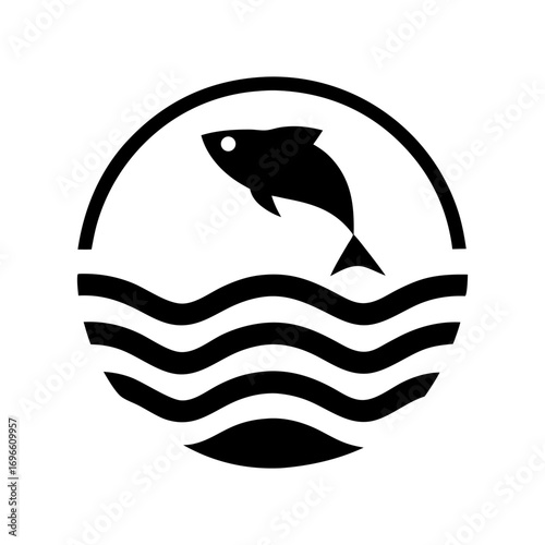 Black and white vector of stylized fish jumping from curved waves inside circular frame, suitable for marine logo, fishing emblem or seafood branding with clean minimal design