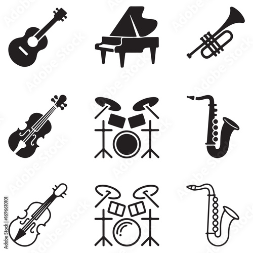 Collection of Musical Instrument Icons Including Guitar Piano Violin Drum Set and Saxophone Keywords: music, instrument, guitar, acoustic guitar, piano, grand piano, violin, fiddle, drum set