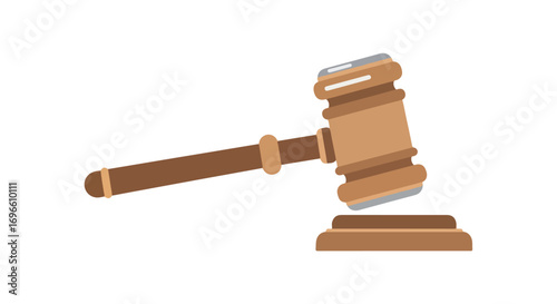 Illustration of a stylized wooden gavel resting on a sound block against a plain background highlighting legal and judicial themes
