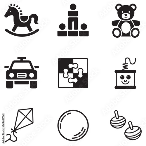 Collection of nine black and white toy icons including a rocking horse a teddy bear a car puzzle pieces and a jack in the box