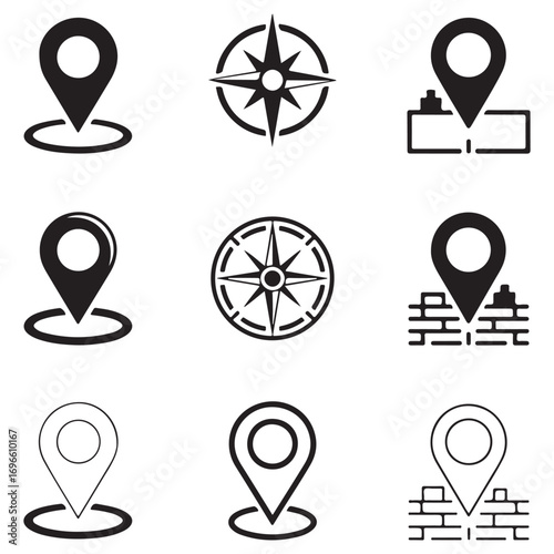 Collection of nine black and white location pin and compass icons on a white background map marker navigation