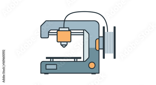 Stylized vector illustration of a compact 3D printer showcasing additive manufacturing with precision nozzle and filament spool for automated