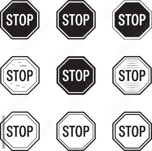 Collection of nine octagonal stop sign icons with varying styles and line art variations Keywords: stop sign, traffic sign, octagonal, warning, symbol, regulation, road, safety, transportation