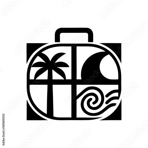 Black and white suitcase with cruise ship, palm tree, sun and waves, suitable for summer holiday branding, travel agency promotions or seaside resort identity