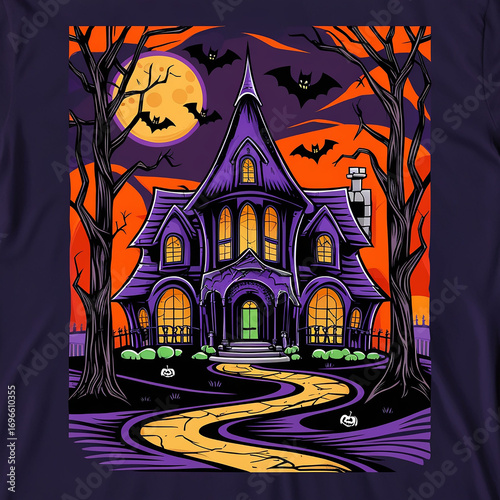 Spooky Haunted House Illustration with Bats and a Full Moon Generative ai.