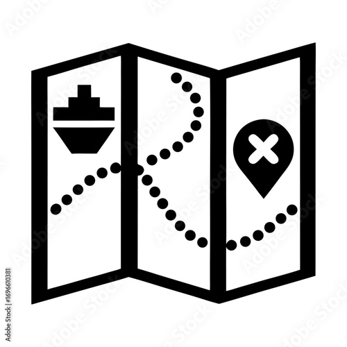 Nautical map with ship route and two cross marks, suitable for treasure hunt concepts, marine navigation or travel planning graphics in clean vector style