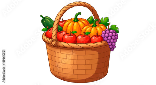 Autumn harvest basket with pumpkins apples and grapes seasonal thanksgiving day celebration illustration on transparent background