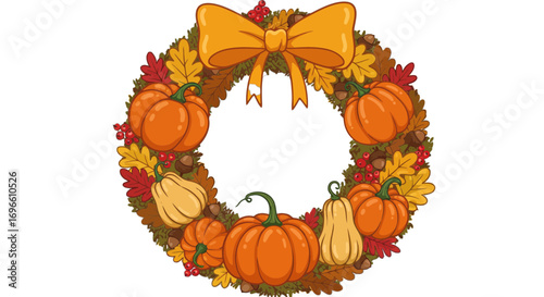 Autumn harvest wreath with pumpkins leaves and bow fall seasonal decoration thanksgiving festive design on transparent background