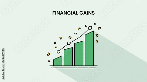 Illustration of a financial gains chart with green bars and an upward trending line indicating growth success