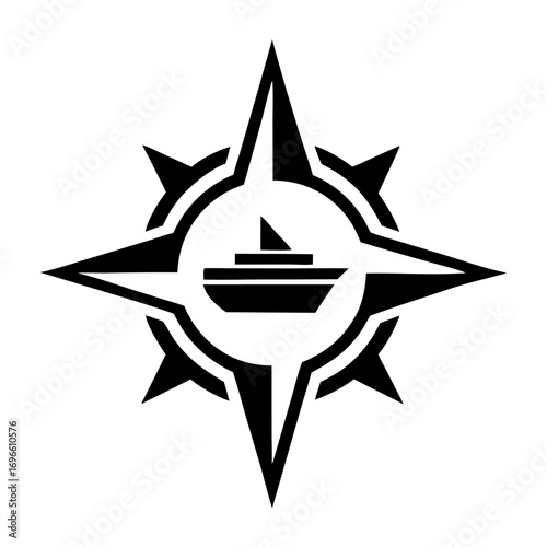 Black compass rose pointing north with cargo ship sailing towards it for maritime business, cruise travel, shipping companies or nautical themed corporate identity projects