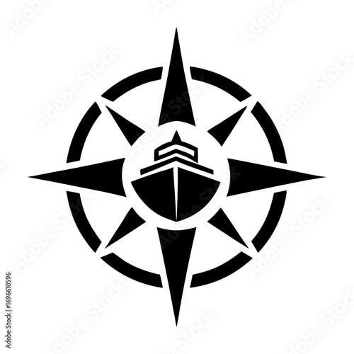 Black compass rose pointing north with cargo ship sailing towards it for maritime business, cruise travel, shipping companies or nautical themed corporate identity projects
