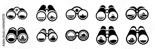 Black and white binoculars set with sailboat silhouette on horizon for marine navigation, coastal exploration, and open ocean travel related designs