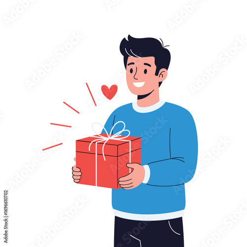 A man happily presents a wrapped gift box with a red ribbon and a heart symbol emitting rays of joy