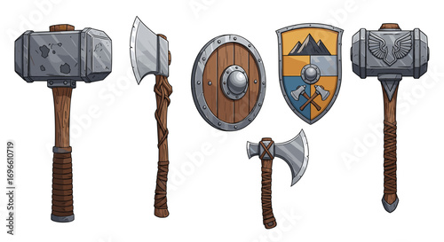 Fantasy Weaponry: Illustration of Axes, Hammers, and Shields for Game Assets