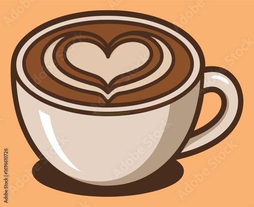 Illustration of a coffee cup with a heart design on top against orange background
