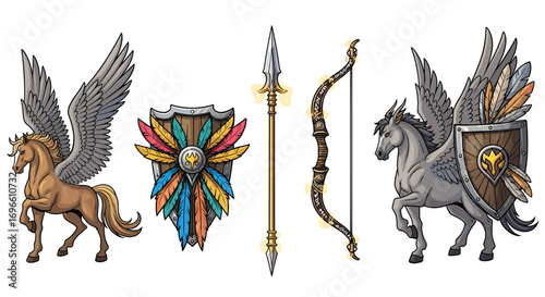 Fantastic winged horses with weapons and shields fantasy artistic design