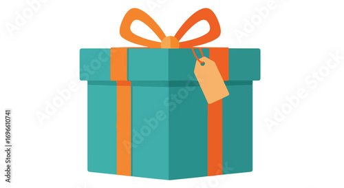 Whimsical teal gift box with vibrant ribbon and a small tag, evoking joyous celebrations and joyful surprises filled with delightful anticipation