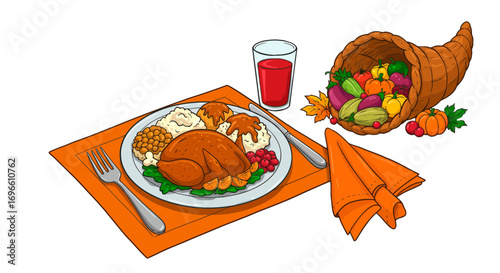 Holiday feast thanksgiving dinner with turkey cornucopia and vegetables celebration delicious meal on transparent background