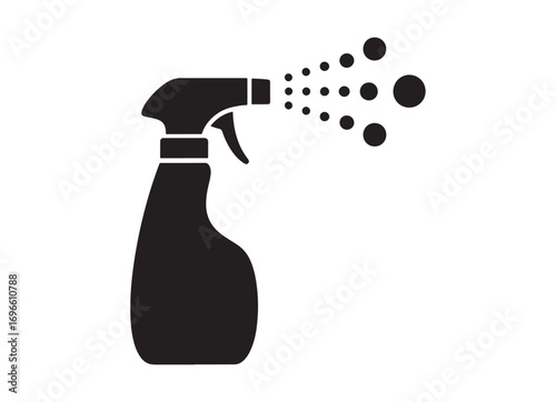Iconic black silhouette of a spray bottle dispensing liquid droplets for cleaning and disinfection