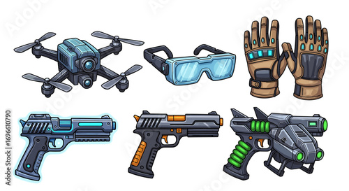 Futuristic equipment: drone, goggles, gloves, and weapon vector illustrations