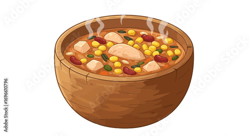 Delicious hearty vegetable stew in wooden bowl with tofu corn and beans steaming warm and inviting meal on transparent background