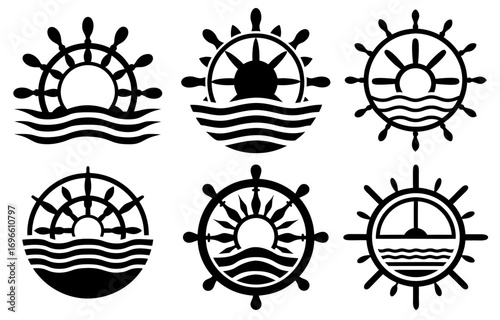 Vector of ship set steering wheel emerging from stylized ocean waves, suitable for navigation logo, sailing school emblem or maritime branding with minimal black and white style