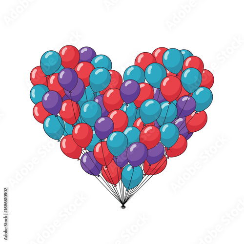 A captivating heart shape formed by a vibrant cluster of balloons floating gracefully upwards towards the sky
