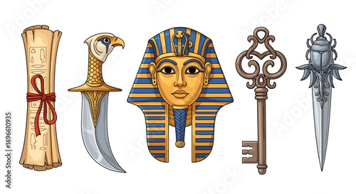 Egyptian treasures: Pharaoh's mask, scroll, dagger, key and scarab illustration