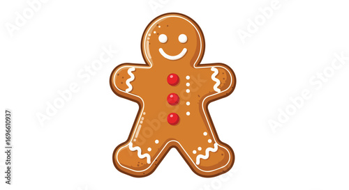 Festive gingerbread man cookie illustration with icing decoration on a white background